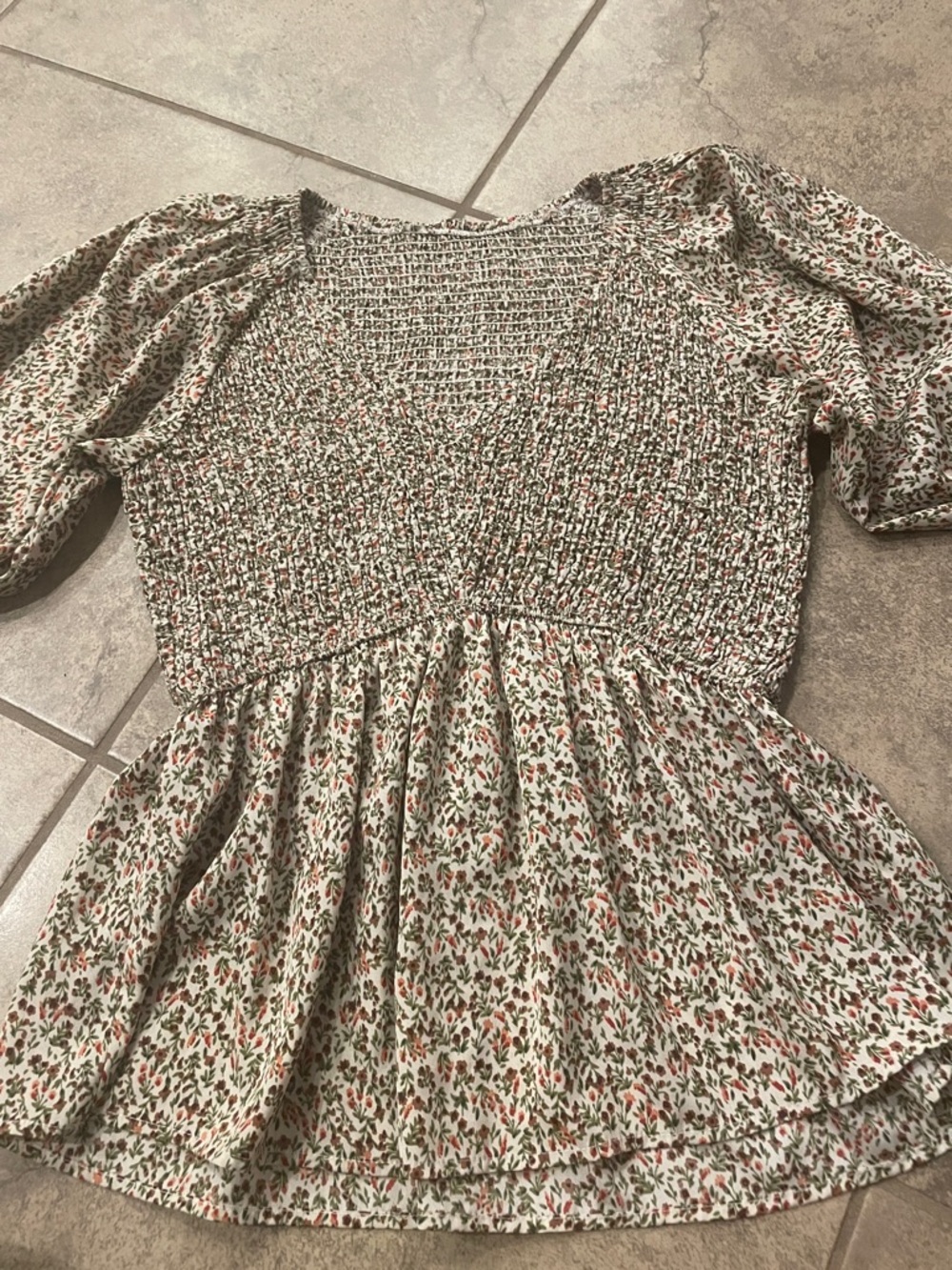Source Unknown Cream Floral Smocked Peplum Blouse with Green and Rust Accents